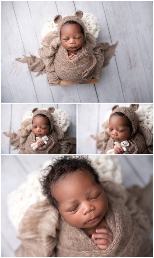 Wrapped Newborn Pose, Newborn Photographer, Teddy bear Newborn poses, Crate newborn props, Charlotte Newborn Photographer, Calabash newborn Photographer
