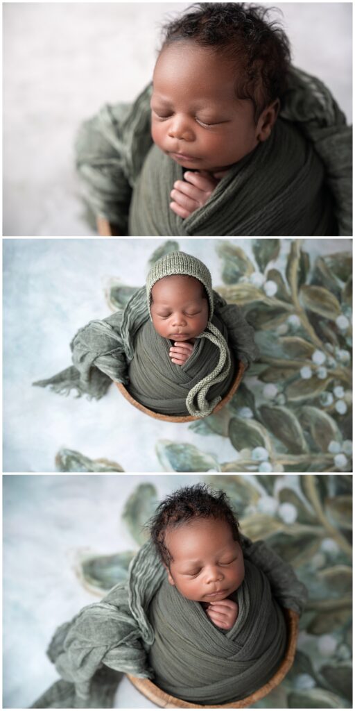 Wrapped Newborn Session, Charlotte Newborn Session, Studio Newborn Photographer, Green newborn wrap